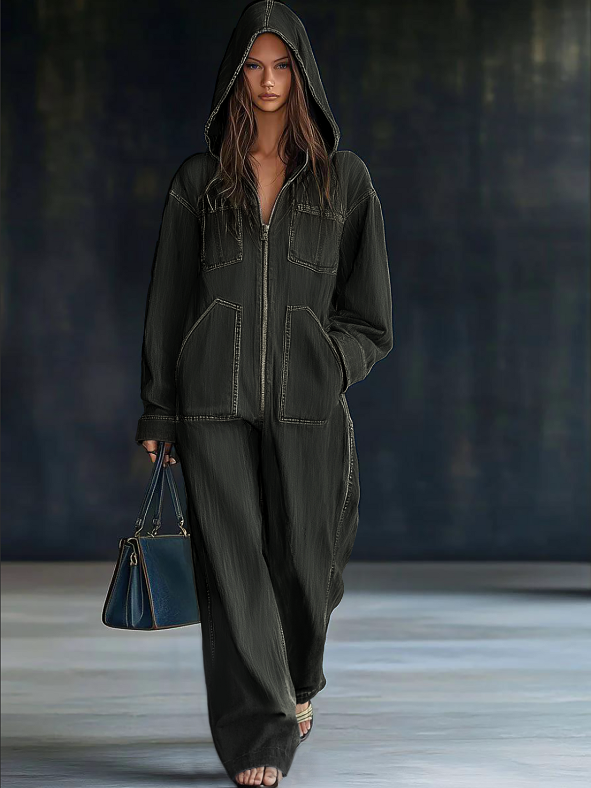 Casual Loose Retro Pocket Long Sleeve Hooded Zipper Denim Jumpsuit - By Qivii