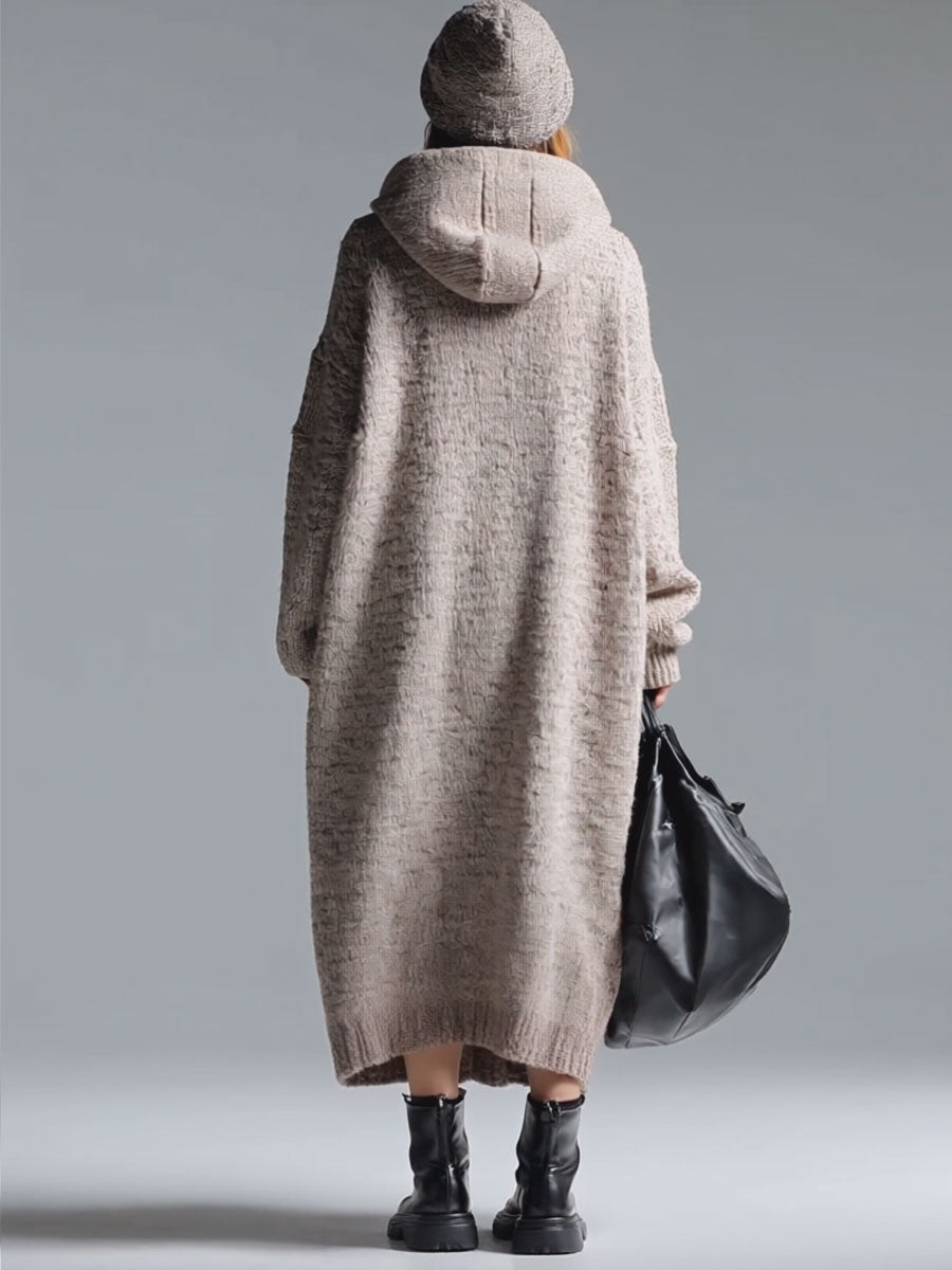Fashion Loose Retro Trimmed Floral Gray Hooded Knitted Midi Dress - By Qivii
