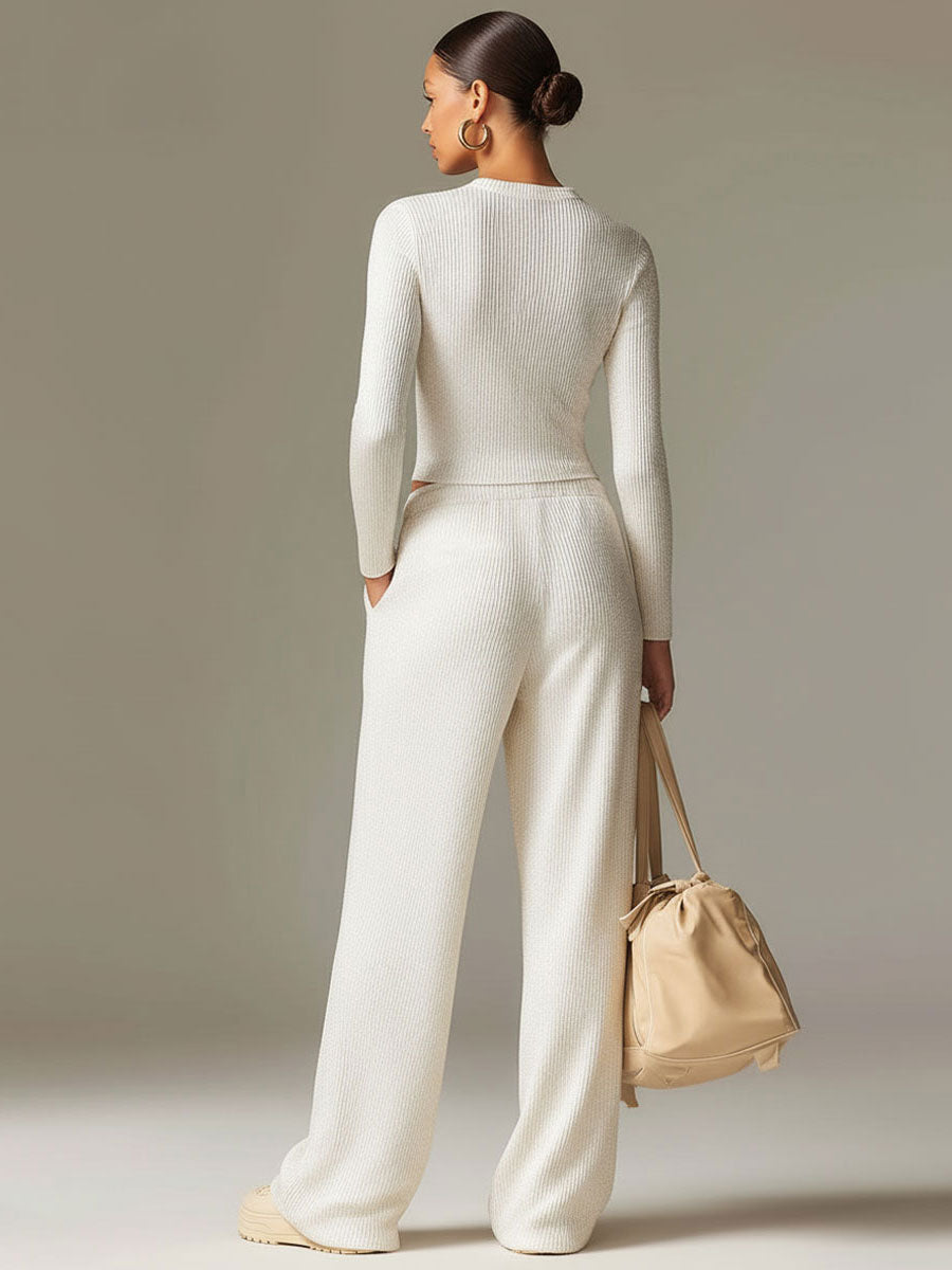 Fashionable Sporty White Knit Ribbed Crew Neck Top And Wide-leg Pants Set - By Qivii