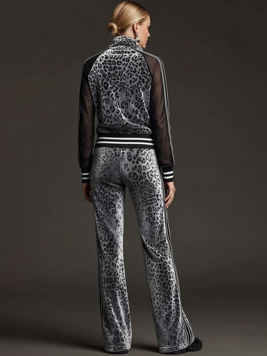Sporty Retro Striped Mesh Sleeve Gray Leopard Print Velvet Sweatshirt And Pants Set - By Qivii