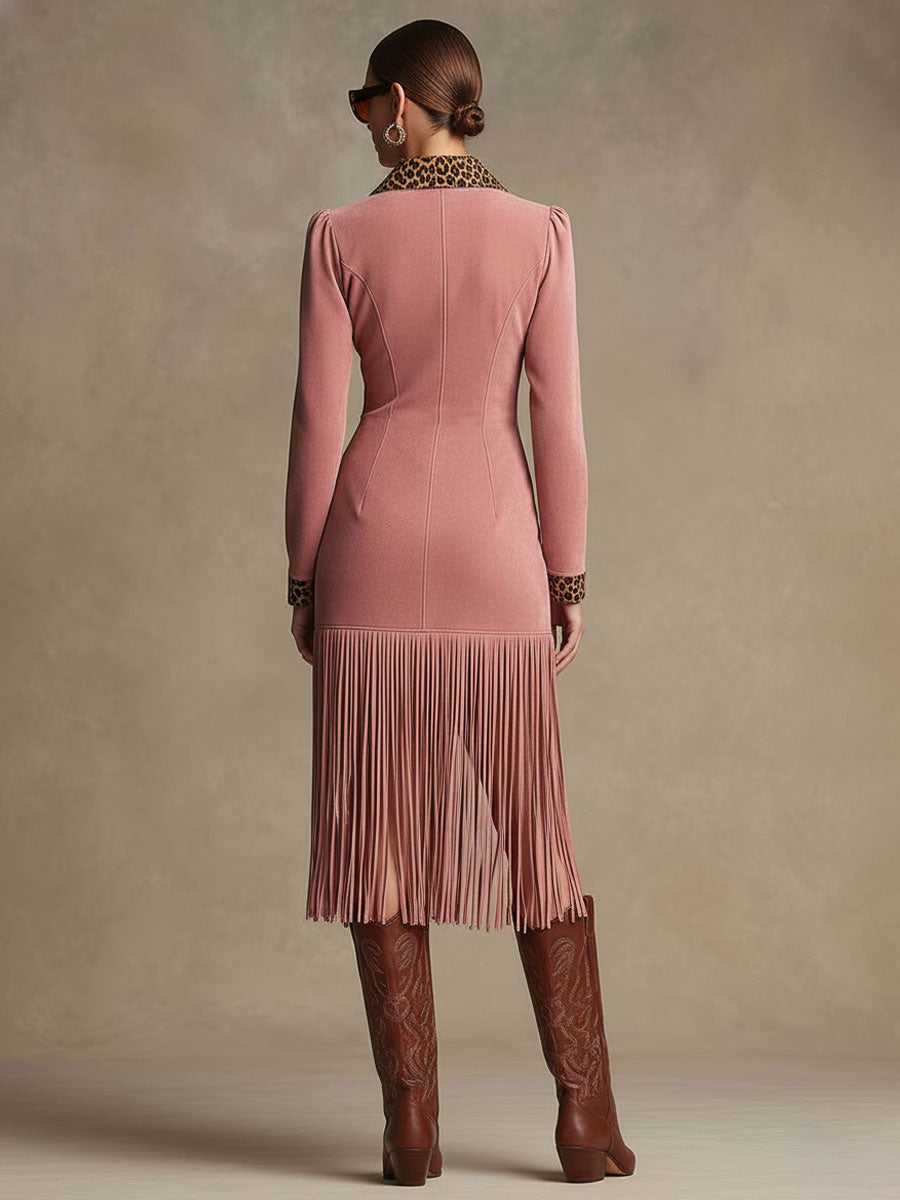 Western Retro Leopard Print Pink Faux Suede Zipper Tassel Midi Dress - By Qivii