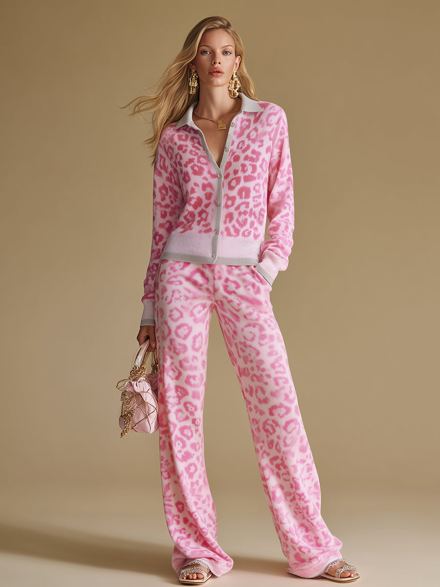 Elegant And Retro Color-blocked Leopard Print Knitted Top And Pants Set. - By Qivii