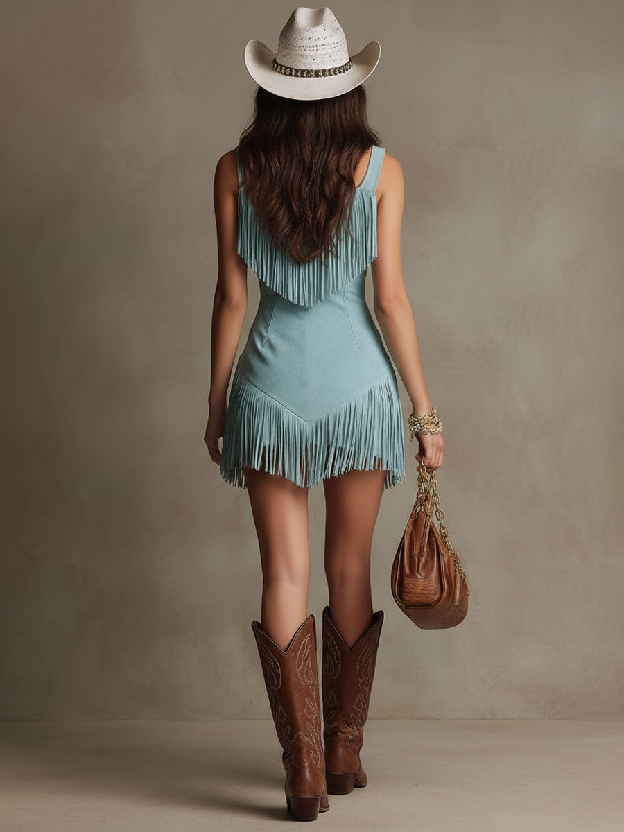 Western Retro Light Blue Faux Suede Sleeveless Tassel Mini Dress - By Qivii