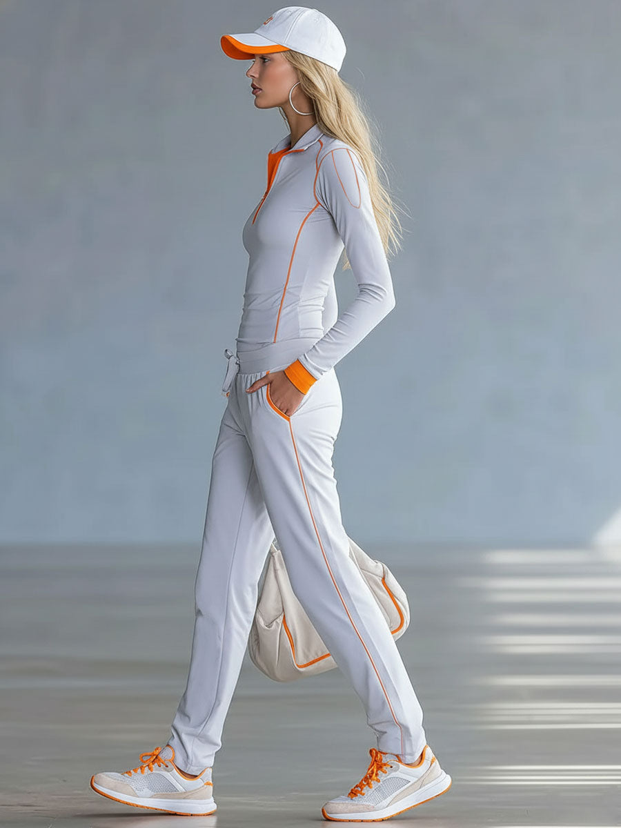 Fashionable Sporty Gray-blue Long-sleeved Half-zip Top And Trousers Set - By Qivii