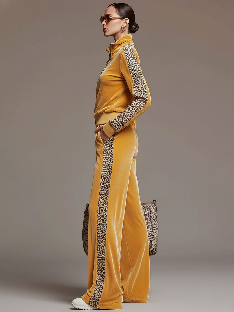 Casual Sporty Retro Leopard Print Trim Yellow Velvet Sweatshirt Wide-Leg Pants Set - By Qivii