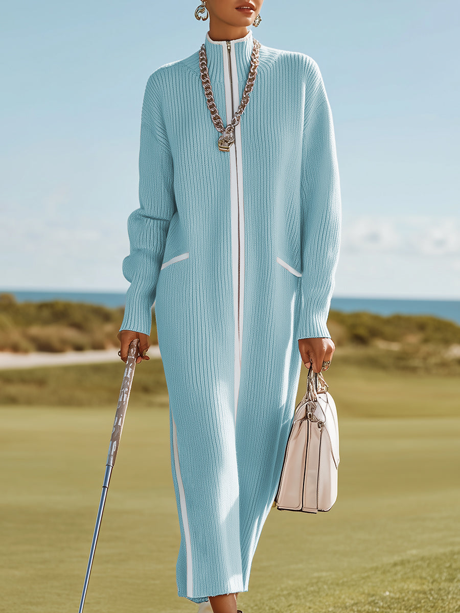 Sporty And Stylish White-trimmed Blue Knit Maxi Dress - By Qivii