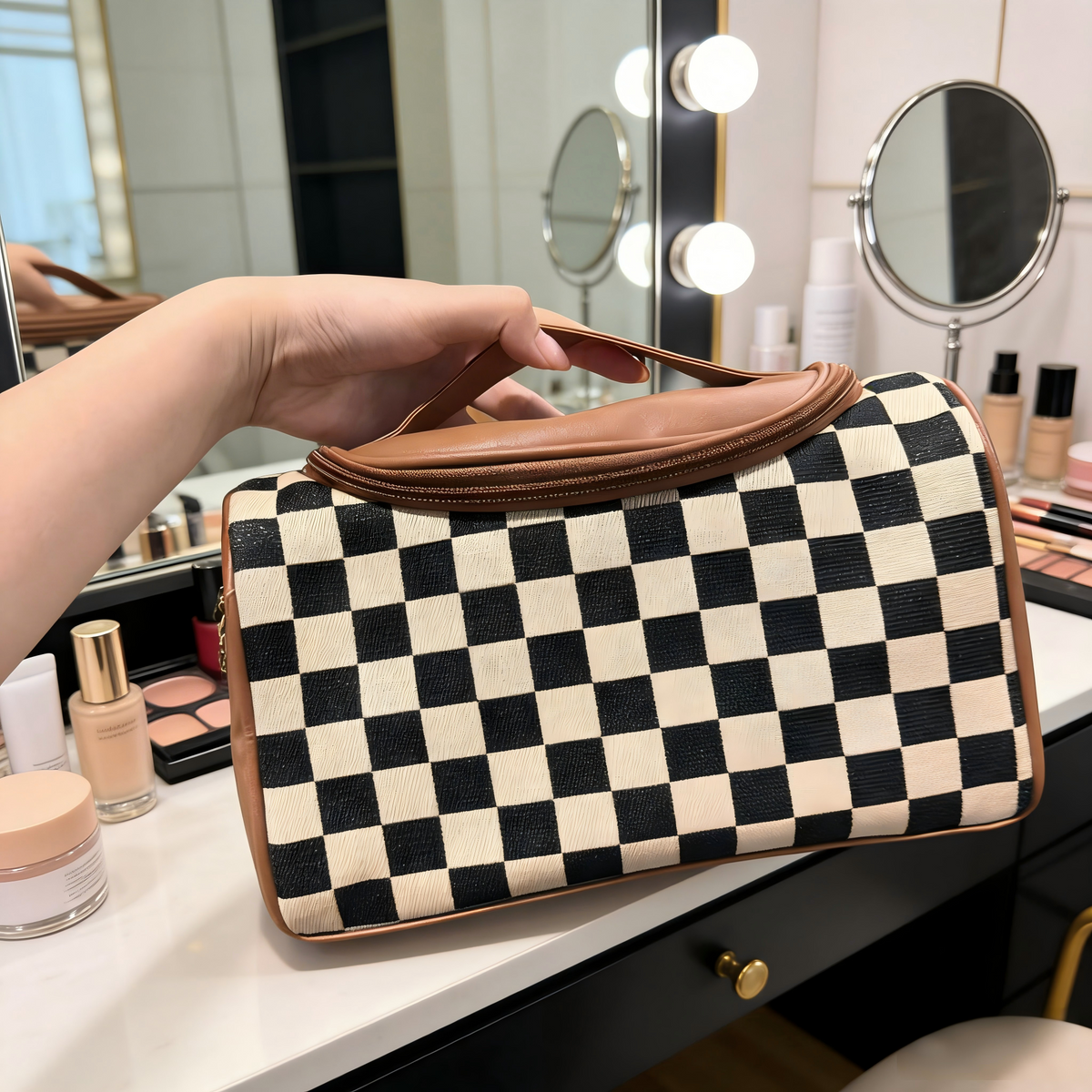 Ounamei Checkered Makeup Bag for Women | Canvas & PU Leather Large Capacity Cosmetic Organizer for Travel