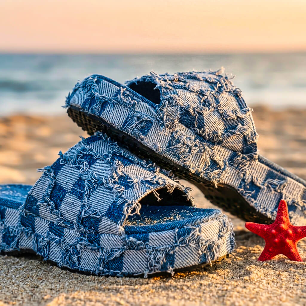 Riley Checkered Denim Slides - By Qivii