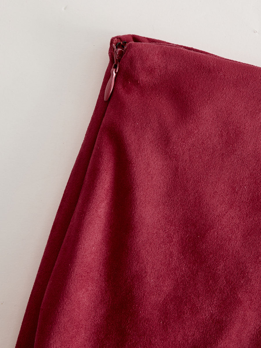 Western Retro Red Faux Suede Slit Fringe Midi Skirt - By Qivii