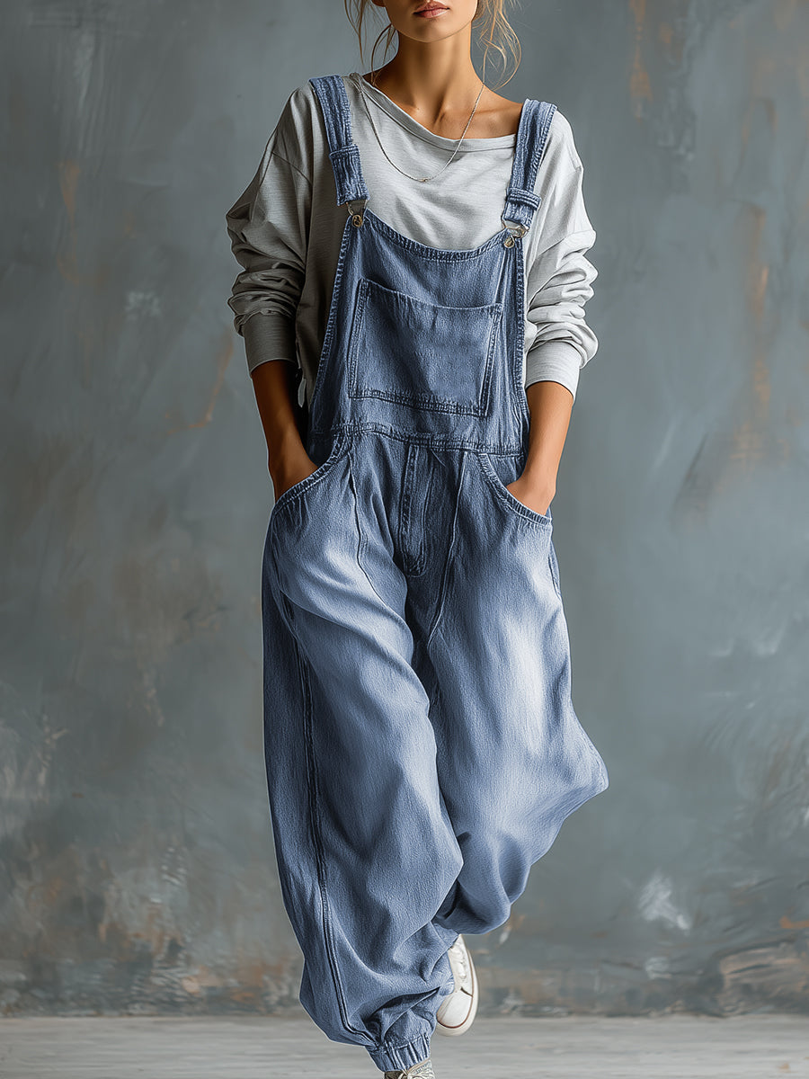 Casual Retro Washed Denim Blue Pocket Overalls - By Qivii