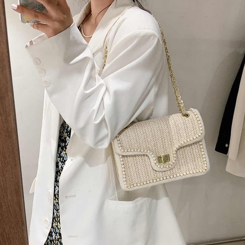 Women's Artisan-Woven Mini Square Bag - Convertible Chain Strap Shoulder Bag |Tweed-Textured Luxury for Day to Evening