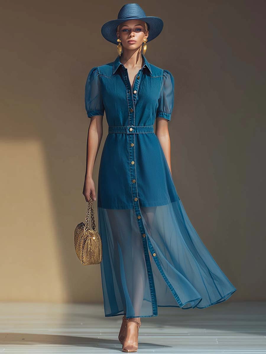 Exquisite Fashionable Front Button V-neck Short-sleeved Outer Cover Organza Blue Denim Maxi Dress - By Qivii