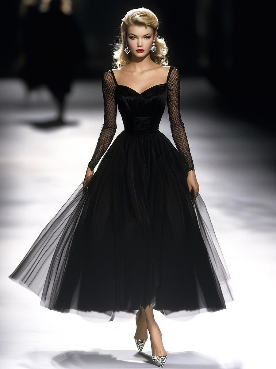 Retro Classic French Black Gauze Maxi Dress - By Qivii