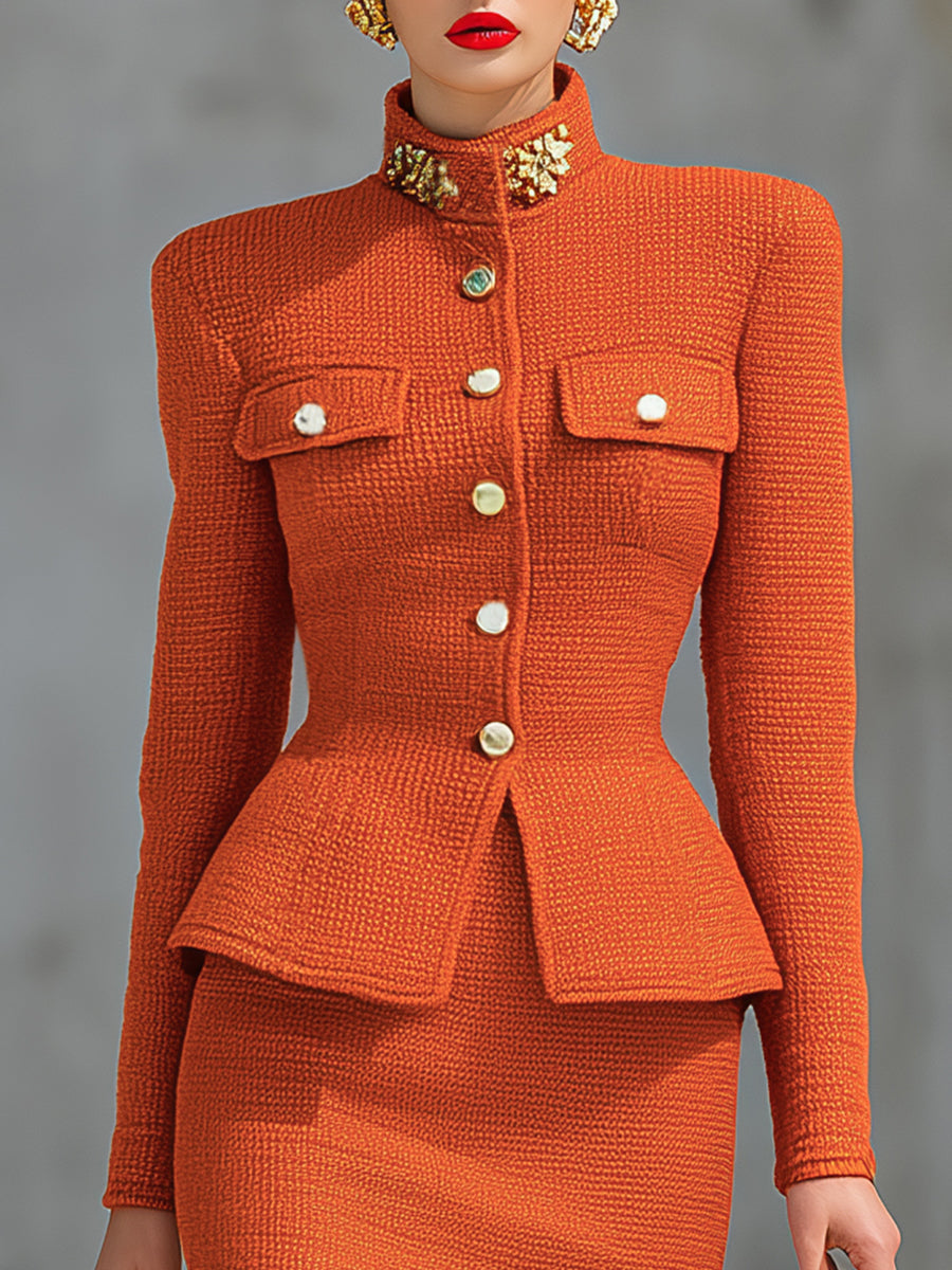 Elegant Stand-collar Knitted Cardigan And Skirt Set - By Qivii