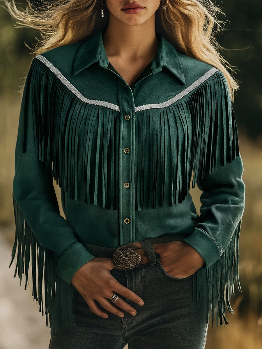 Bohemian Retro Tassel Lapel Long Sleeve Suede Shirt - By Qivii