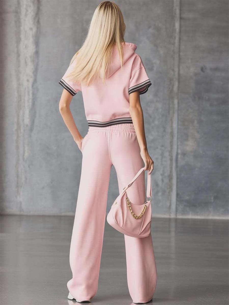 Elegant Fashion Sporty Hooded Front Zipper Short-sleeved Pink Cotton Top And Pants Set - By Qivii