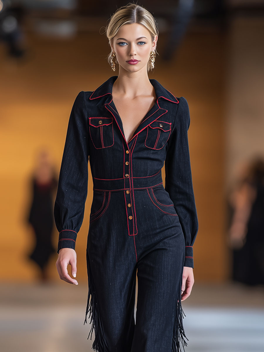 Retro Red Topstitched Navy Denim Long Sleeve Flared Tassel Jumpsuit - By Qivii