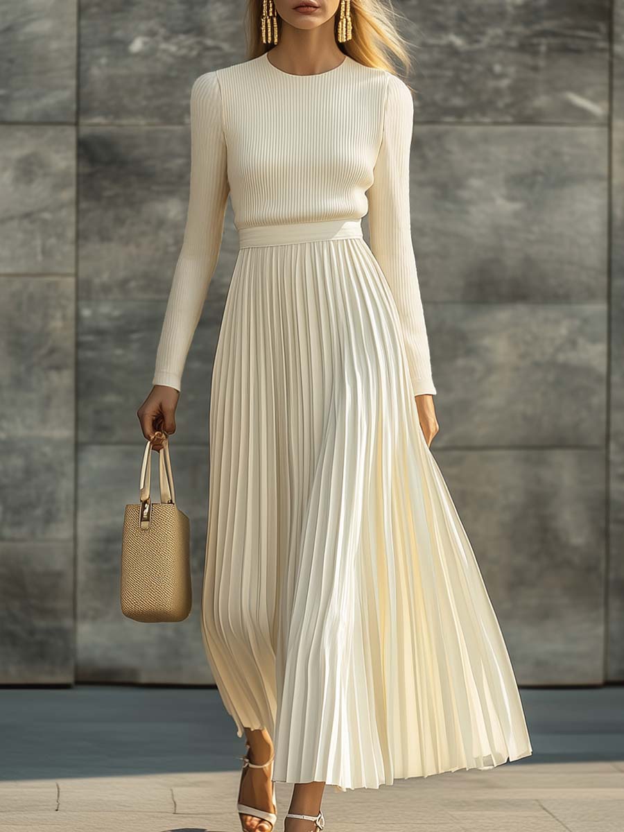 Elegant Casual And Comfortable Long-sleeved Cream Knitted Satin Pleated Hem Maxi Dress - By Qivii