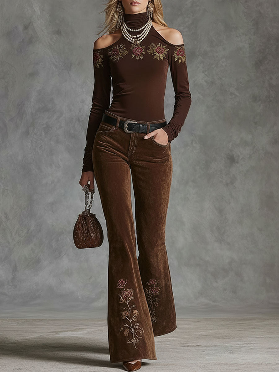 Western-style Floral Embroidered Pocket Flared Pants - By Qivii