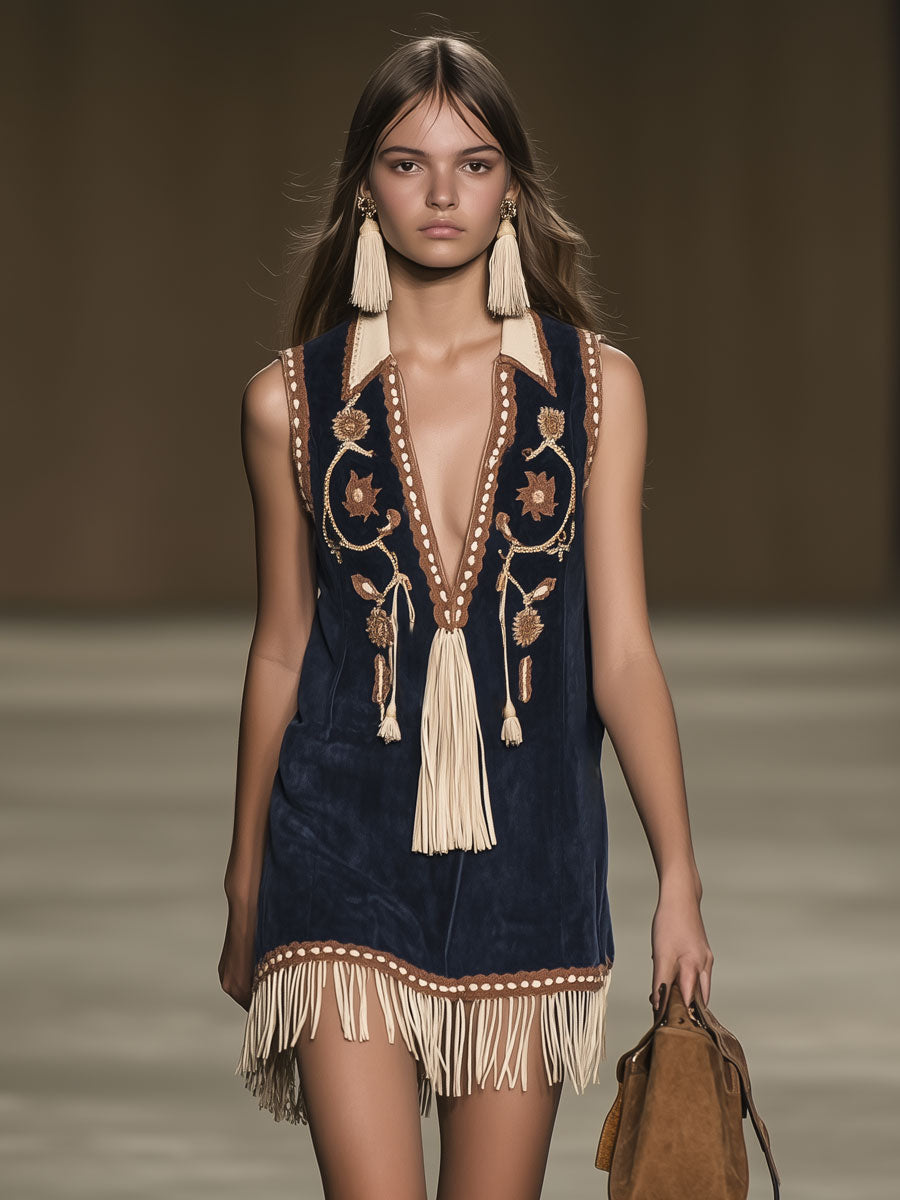 Western Retro Faux Suede Bohemian Style Embroidered Tassel Sleeveless Mini Dress - By Qivii