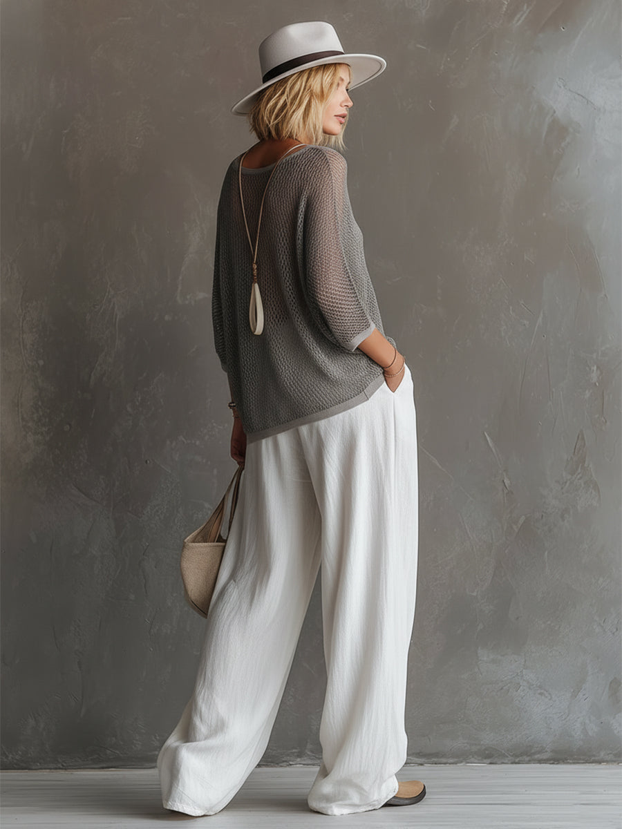 Simple Urban Gray Mesh Knit T-shirt And White Cotton Linen Wide-leg Pants Set - By Qivii