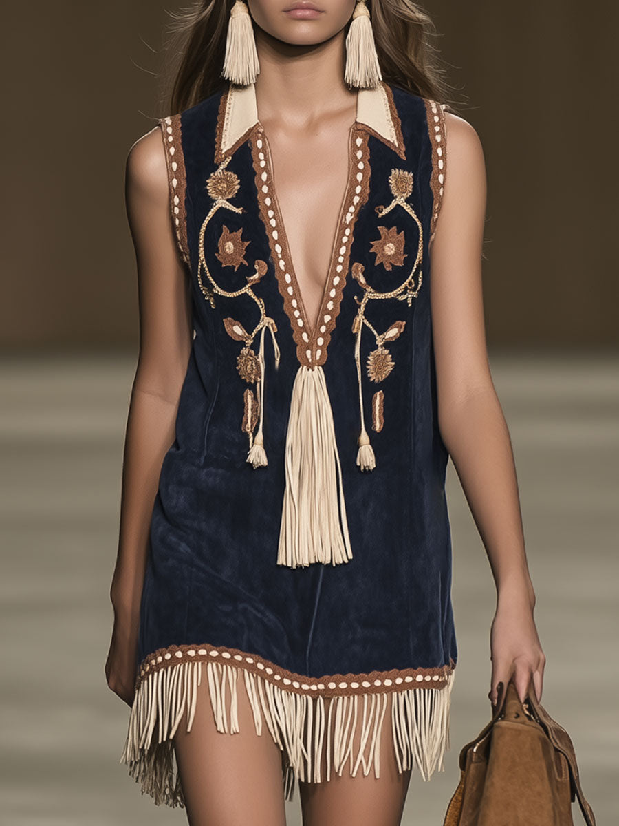 Western Retro Faux Suede Bohemian Style Embroidered Tassel Sleeveless Mini Dress - By Qivii