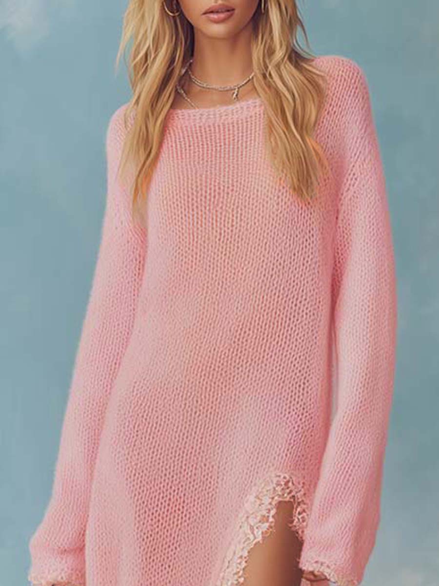 Retro Comfortable Lazy Round Neck Slit Detail Lace Trim Light Pink Lightweight Knitted Maxi Dress - By Qivii