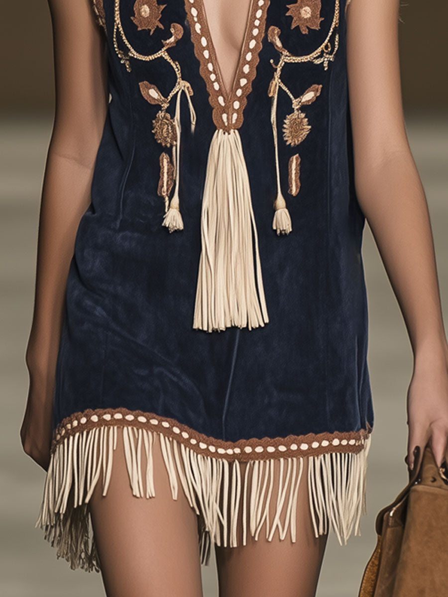 Western Retro Faux Suede Bohemian Style Embroidered Tassel Sleeveless Mini Dress - By Qivii