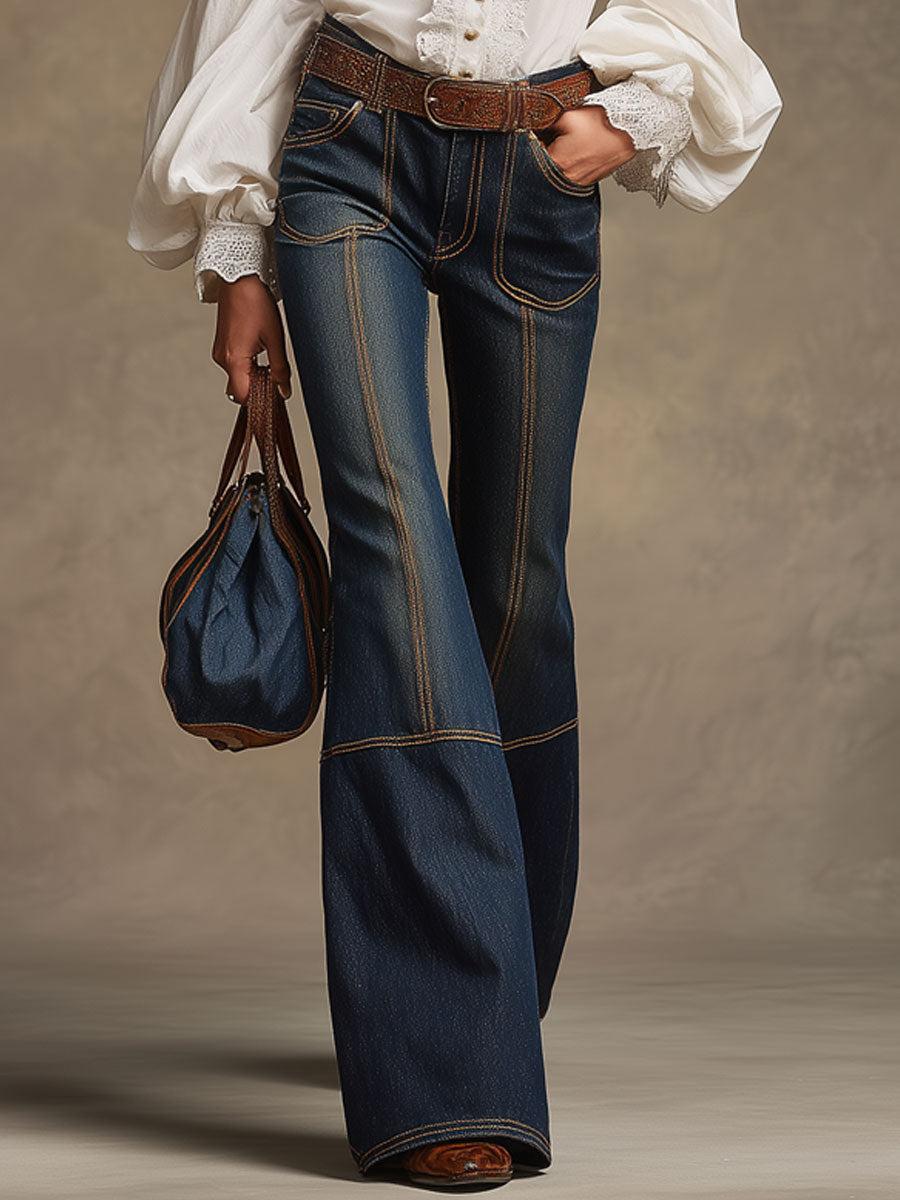 Retro Brown Double-stitched Navy Jeans - By Qivii