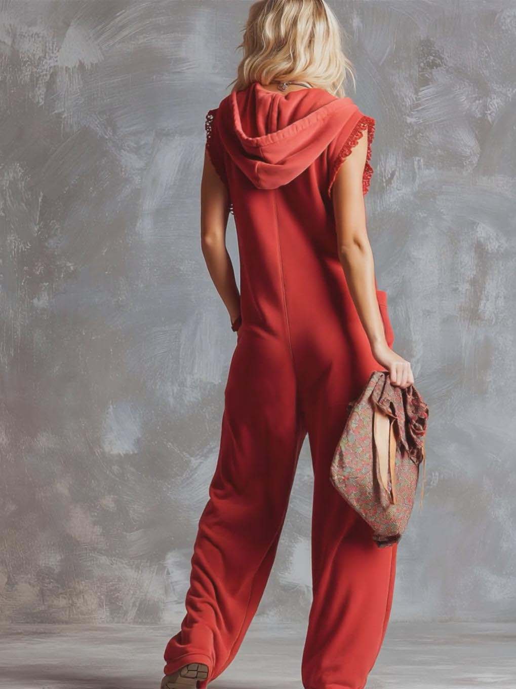 Retro Fashiona Sporty Hooded V-neck Front Zipper Raspberry Red Cotton Jumpsuit - By Qivii