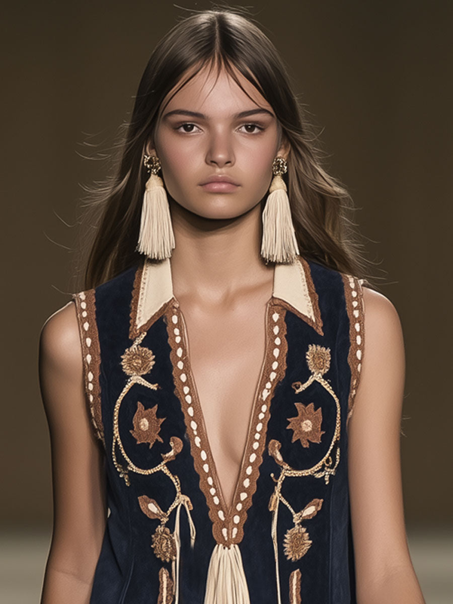 Western Retro Faux Suede Bohemian Style Embroidered Tassel Sleeveless Mini Dress - By Qivii