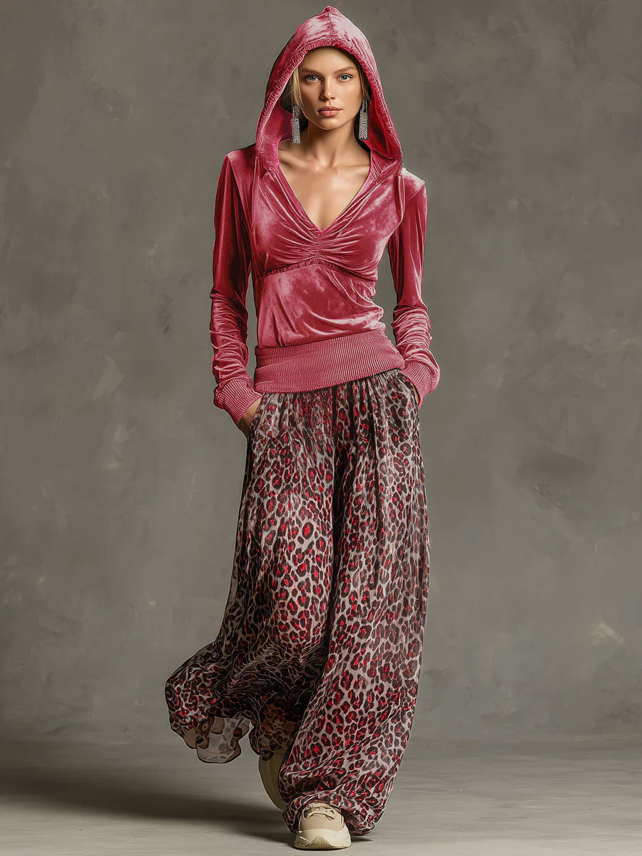 Casual Retro Pink Fleece Hooded Top And Chiffon Leopard Print Wide-leg Pants Set - By Qivii