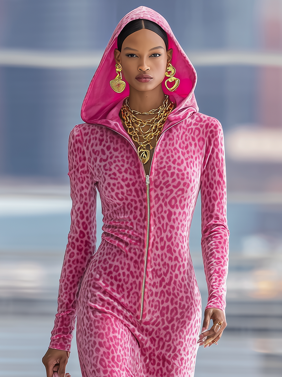Sporty Zip-up Hooded Leopard-print Velvet Maxi Dress - By Qivii