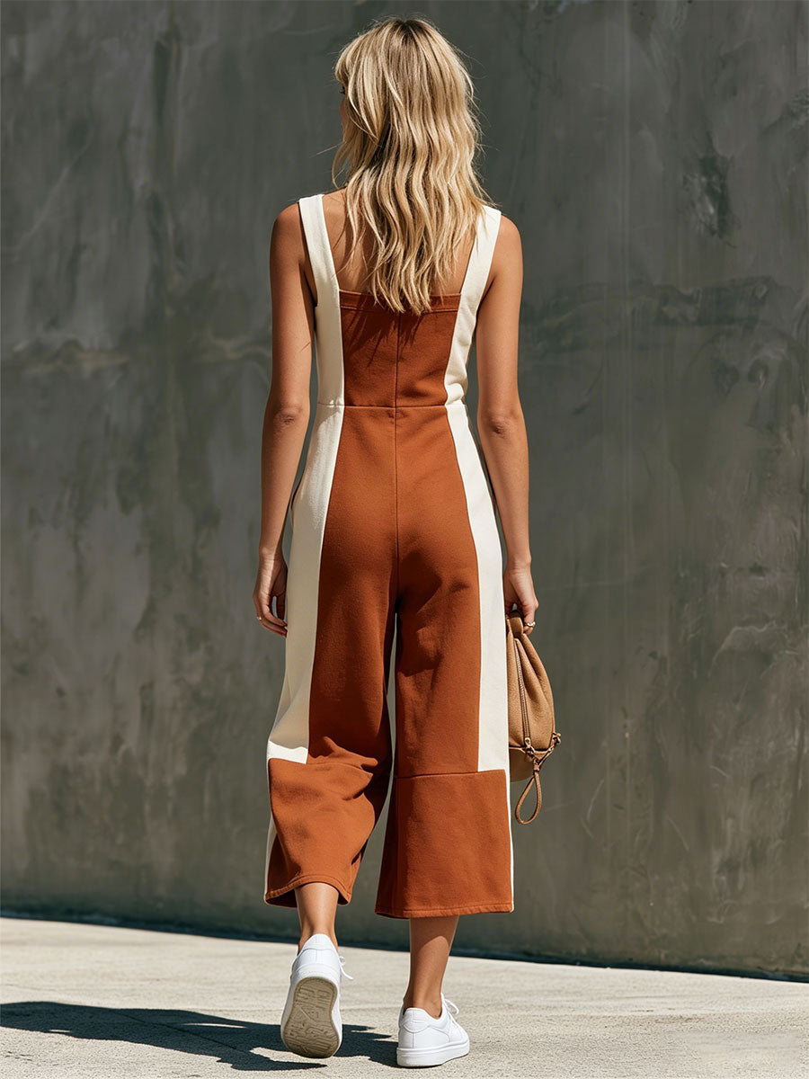 Casual Retro Color-blocked Square Neck Cotton Jumpsuit - By Qivii