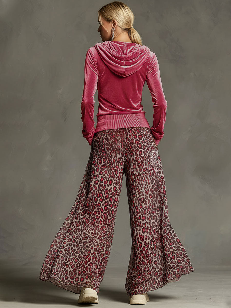 Casual Retro Pink Fleece Hooded Top And Chiffon Leopard Print Wide-leg Pants Set - By Qivii