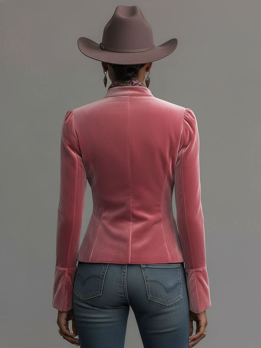 Western-style Stand-up Collar Single-breasted Floral Embroidered Velvet Jacket - By Qivii