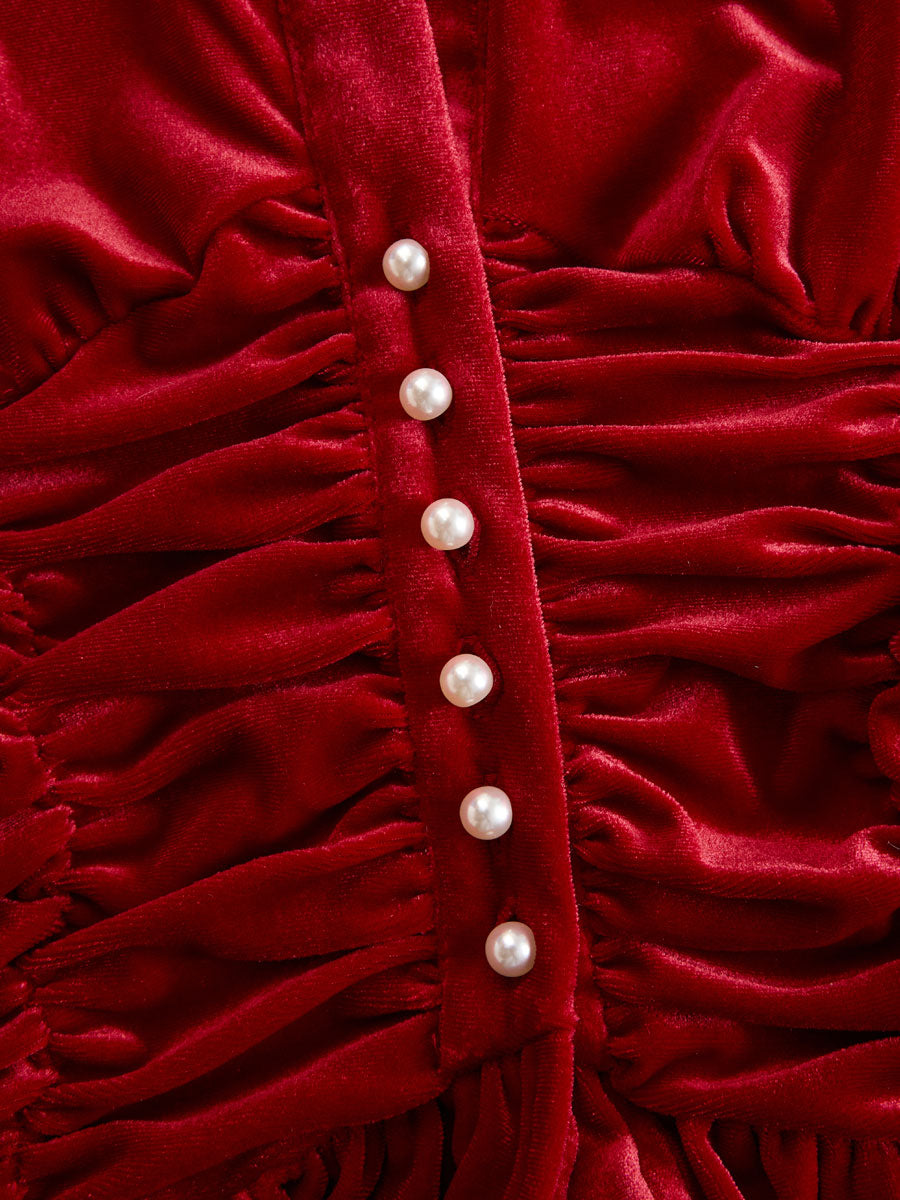 Fashionable Retro Red Velvet Pleated Ruffled Long-sleeved Shirt - By Qivii
