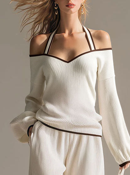 Elegant Color-blocked White Halter-neck Long-sleeved Knit Top And Pants Set - By Qivii
