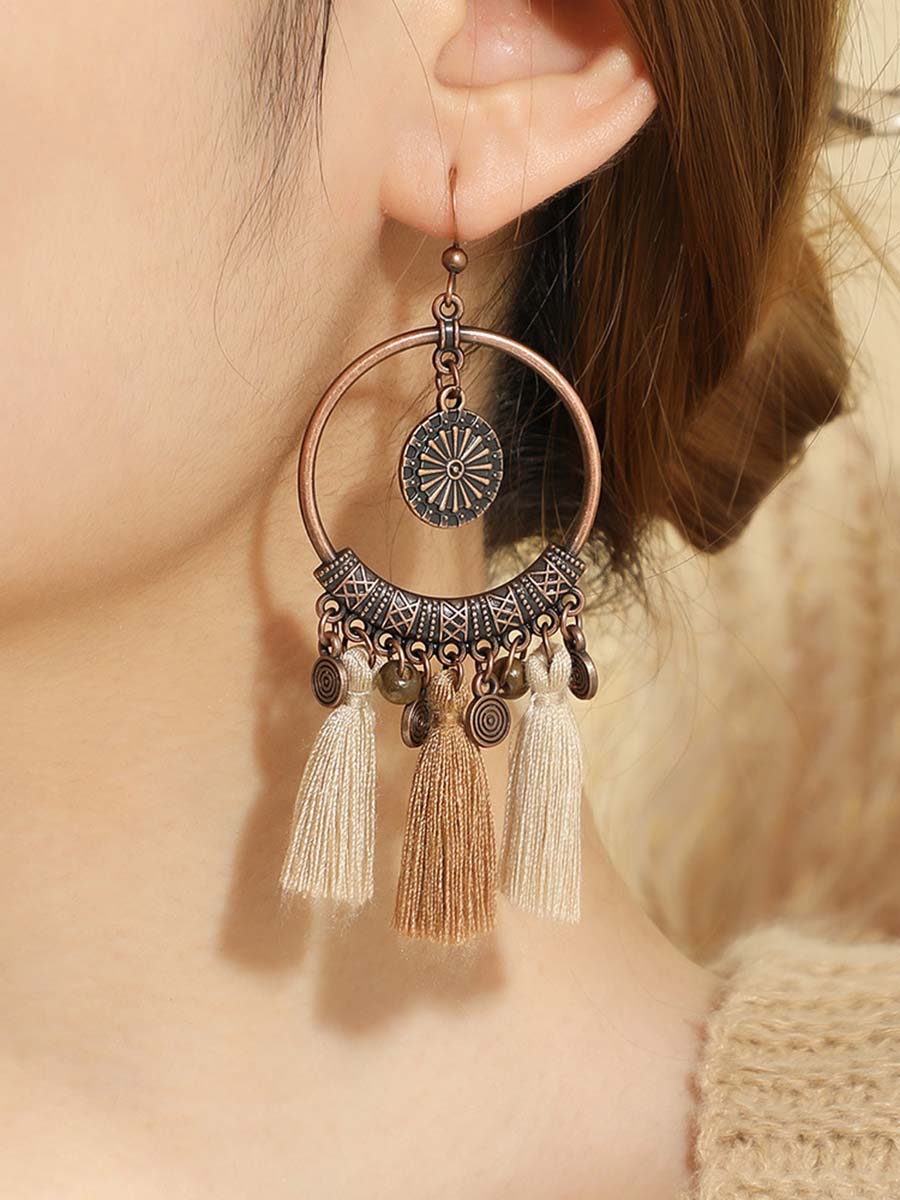 Vintage Distressed Bohemian Tassel Necklace Earrings Set - By Qivii