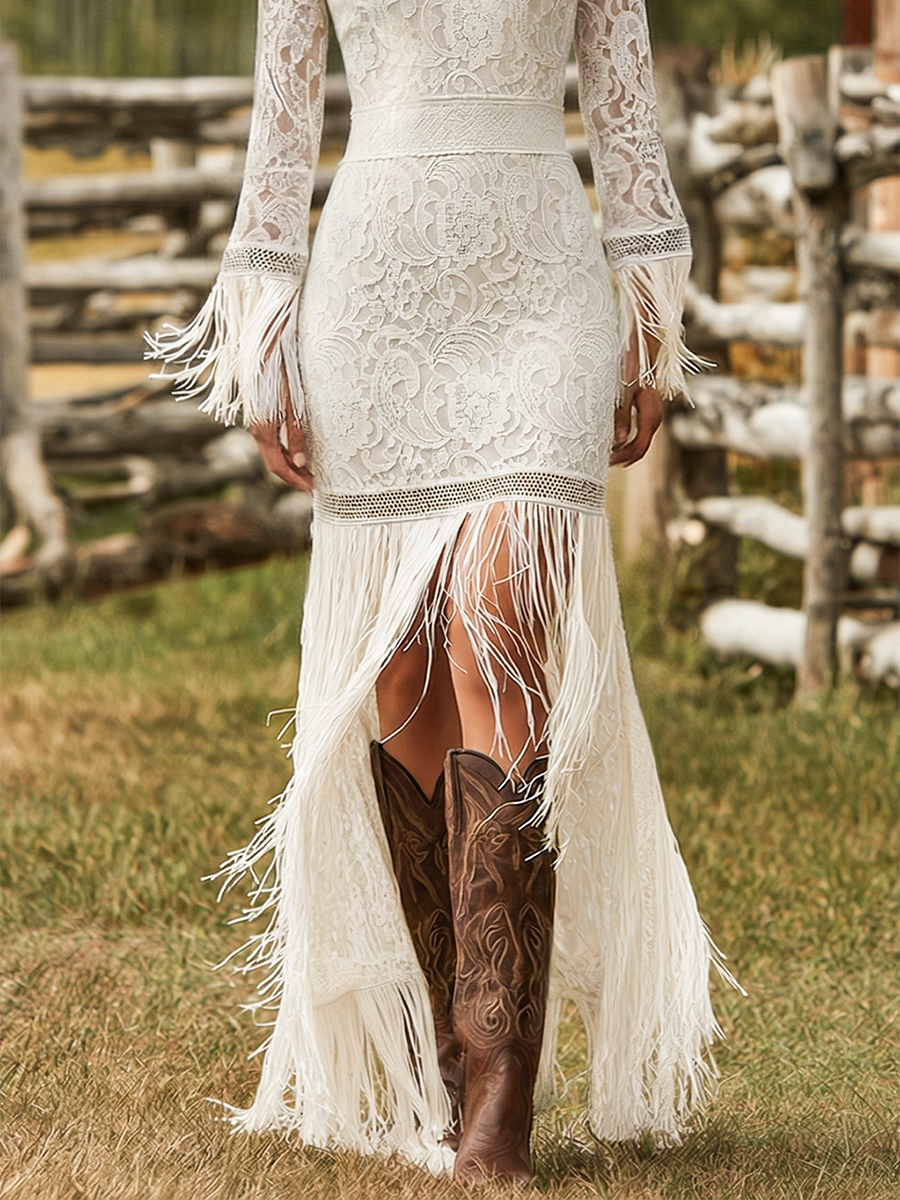 Retro White Lace V-neck Long Sleeve Tassel Short Front And Long Back Skirt Maxi Dress - By Qivii