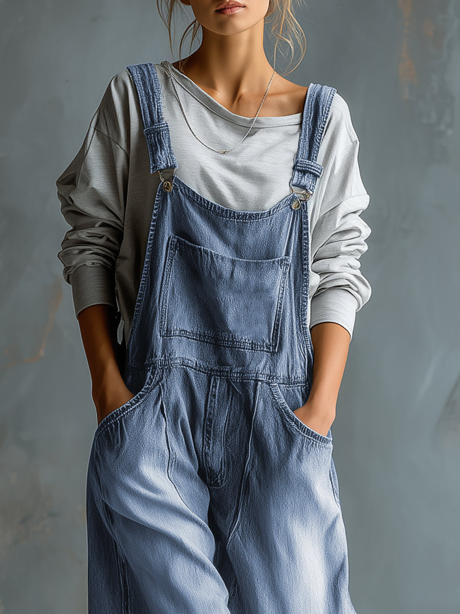 Casual Retro Washed Denim Blue Pocket Overalls - By Qivii