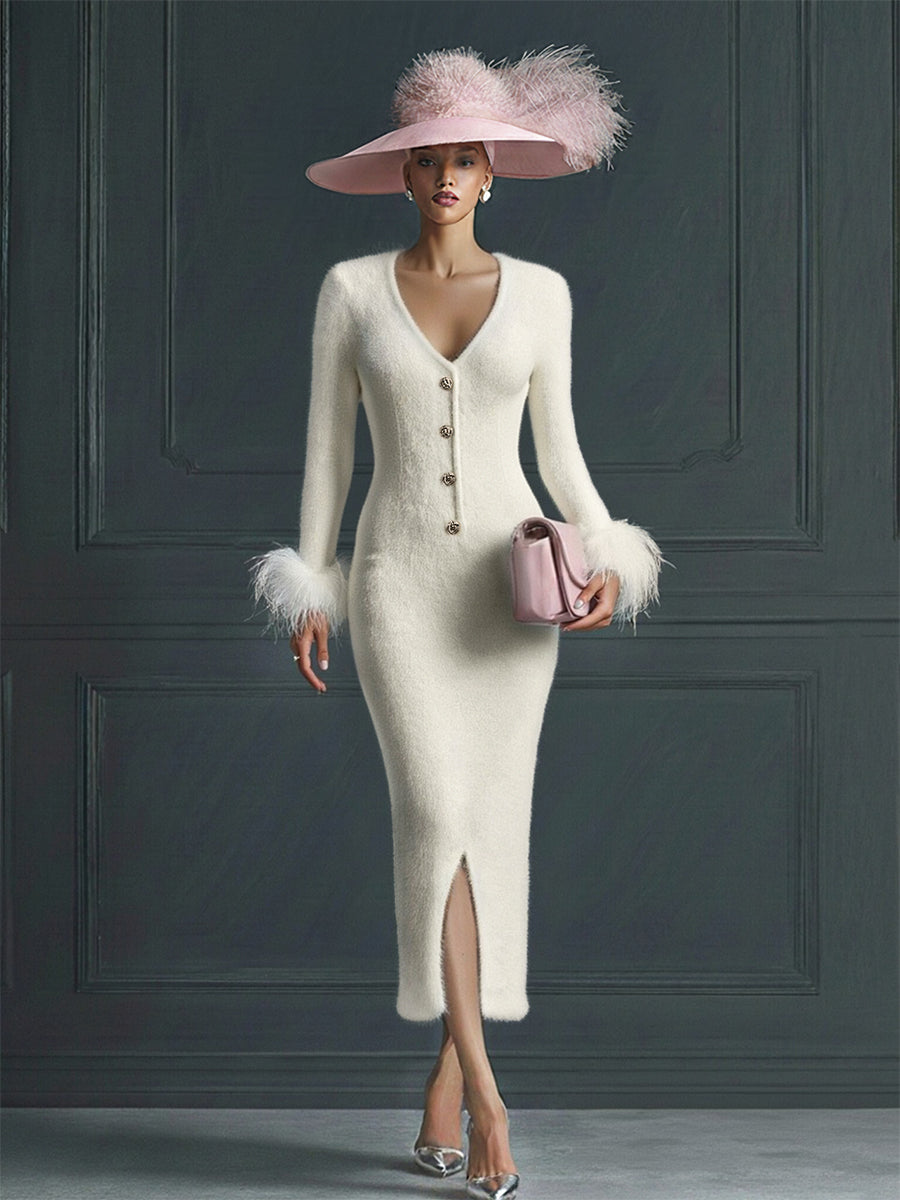 White Mohair V-neck Button Imitation Ostrich Feather Midi Dress - By Qivii