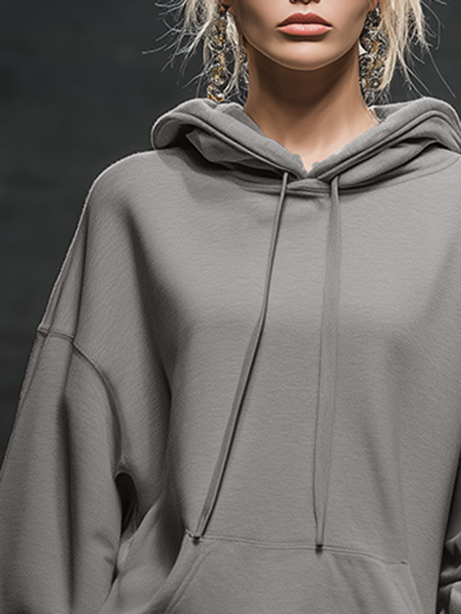 Casual And Fashionable Hooded Elastic Hem Gray Sweatshirt Mini Dress - By Qivii