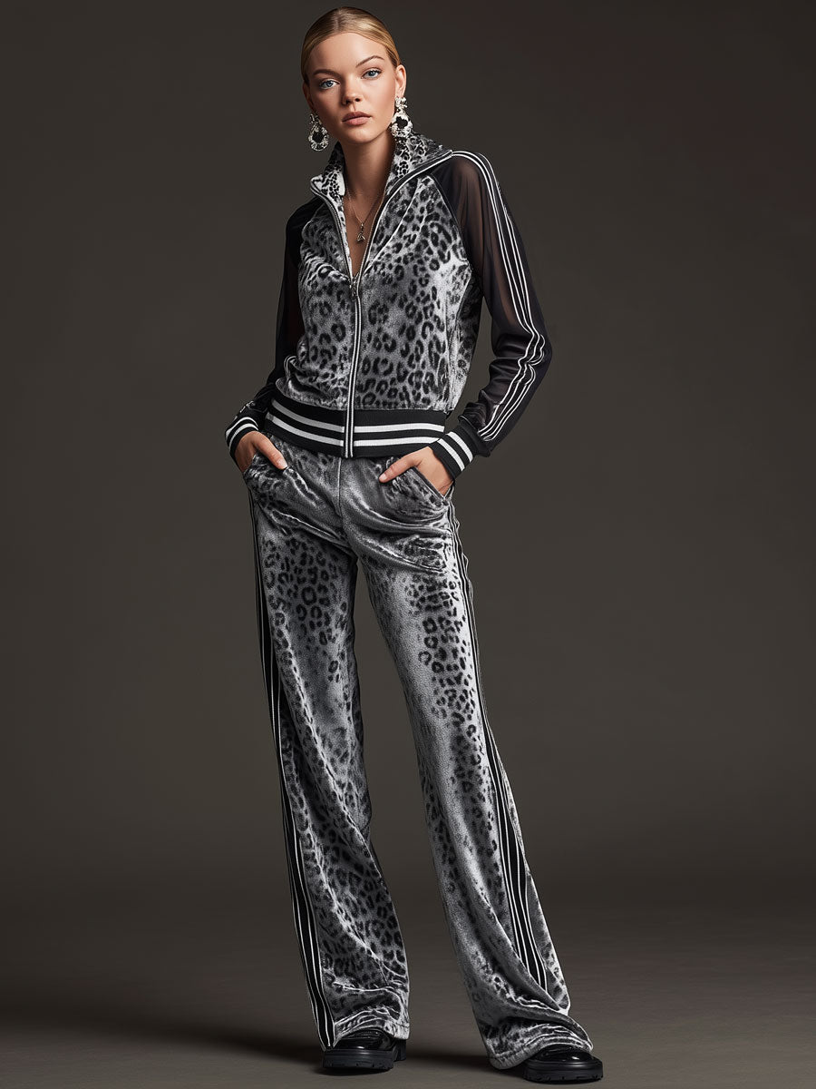 Sporty Retro Striped Mesh Sleeve Gray Leopard Print Velvet Sweatshirt And Pants Set - By Qivii