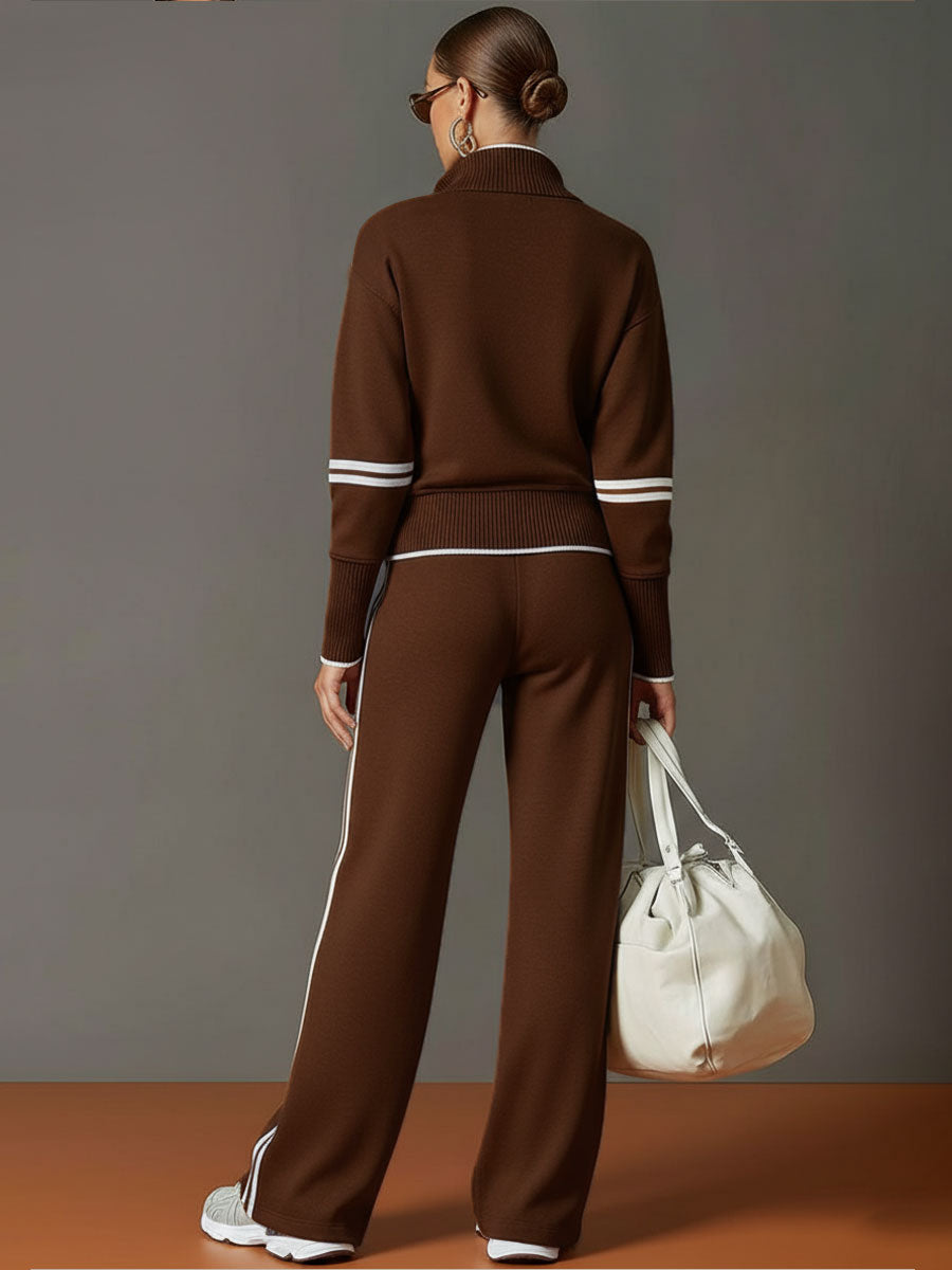 Retro Sporty Webbing Grey-white Half-zip Sweatshirt And Wide-leg Pants Set - By Qivii