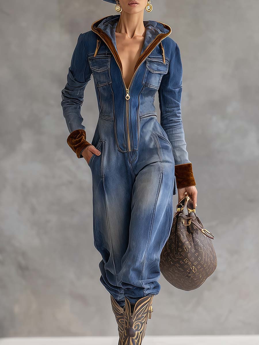 Vintage Casual Western Hooded V-neck Zipper Velvet Stitching Blue Denim Jumpsuit - By Qivii