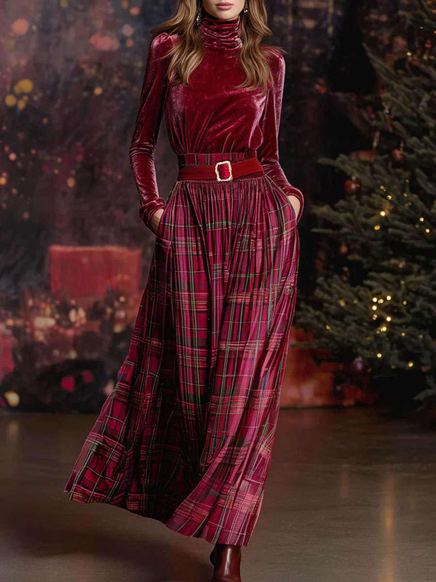 Festive Retro Red Velvet Turtleneck Plaid Skirt Set - By Qivii