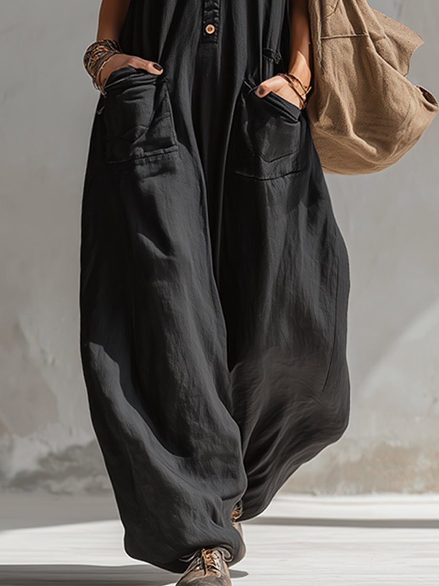 Elegant Urban-style Black Cotton And Linen Sleeveless Jumpsuit - By Qivii