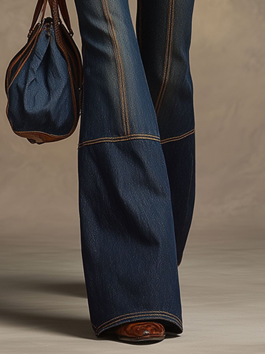 Retro Brown Double-stitched Navy Jeans - By Qivii