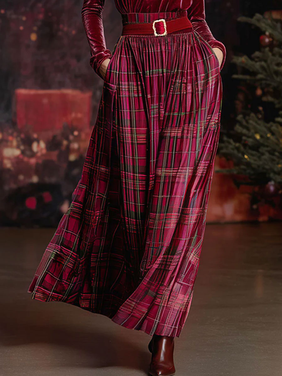 Festive Retro Red Velvet Turtleneck Plaid Skirt Set - By Qivii